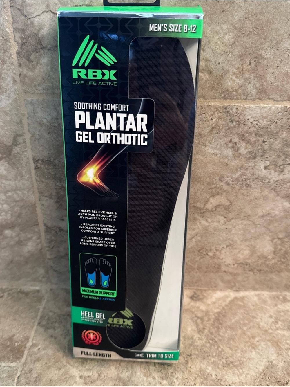 RBX Men's Black Plantar Gel Orthotic Insoles - Soothing Comfort menβs size 8-12
